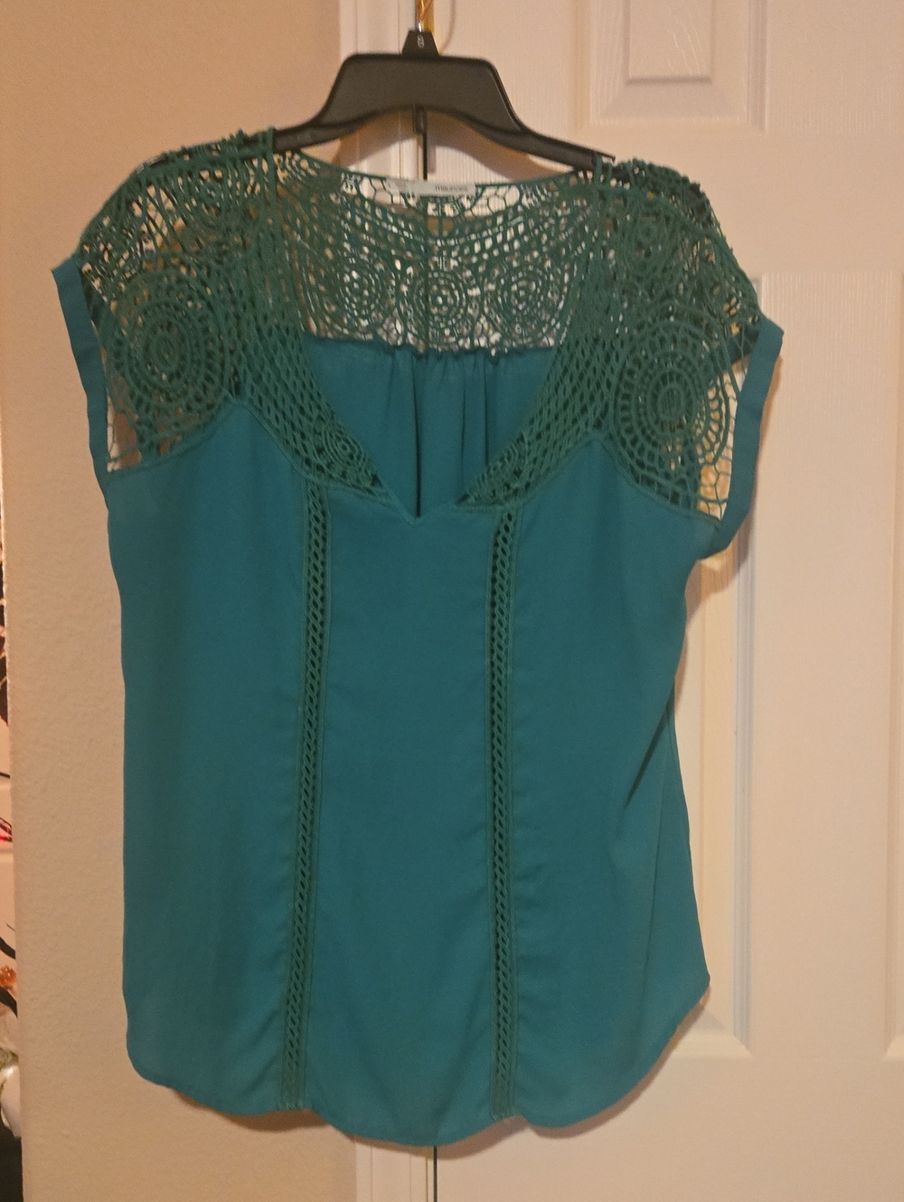 Maurices Teal Crochet Yoke Cap Sleeve Blouse